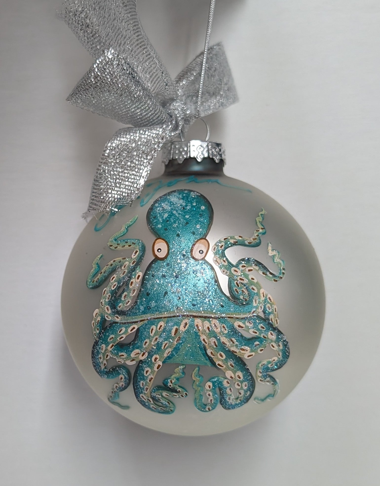 Hand Painted  Aqua Octopus Glass Ball Ornament