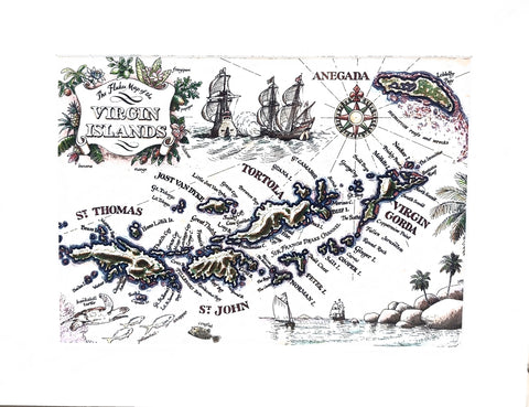 The Flukes Map of the Virgin Islands Illustrated Map Matted Print 14'X11"