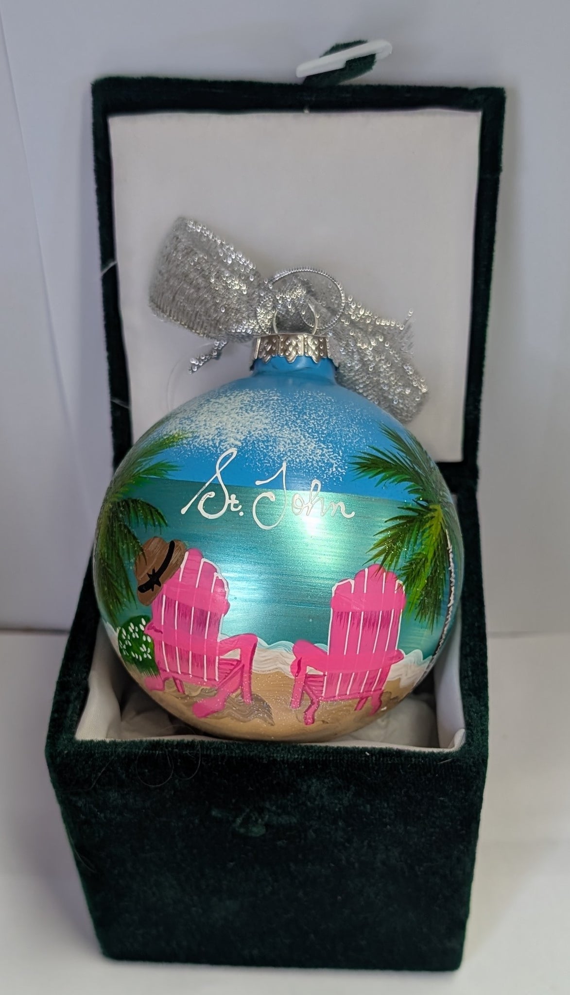 Hand Painted This is Paradise Pink Chairs Glass Ball Ornament - St. John, VI