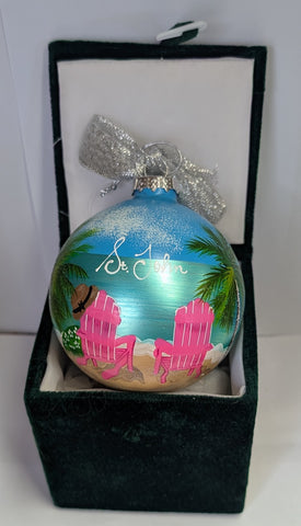 Hand Painted This is Paradise Pink Chairs Glass Ball Ornament - St. John, VI