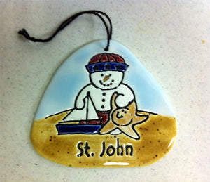 Snowman with Starfish & Sailboat Handcrafted Ceramic Ornament