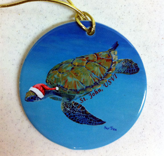 Turtle with Santa Hat Christmas Ornament