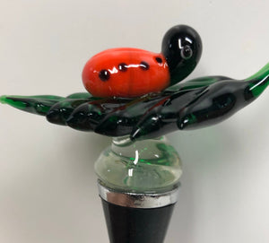 Ladybug on a Leaf Art Glass Winestopper