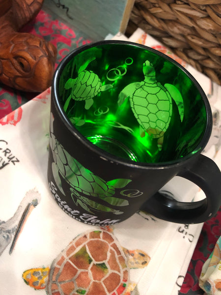 Black Mug with Mirrored Glass Green Turtles