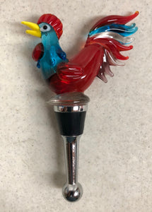 Red and Blue Rooster Art Glass Winestopper