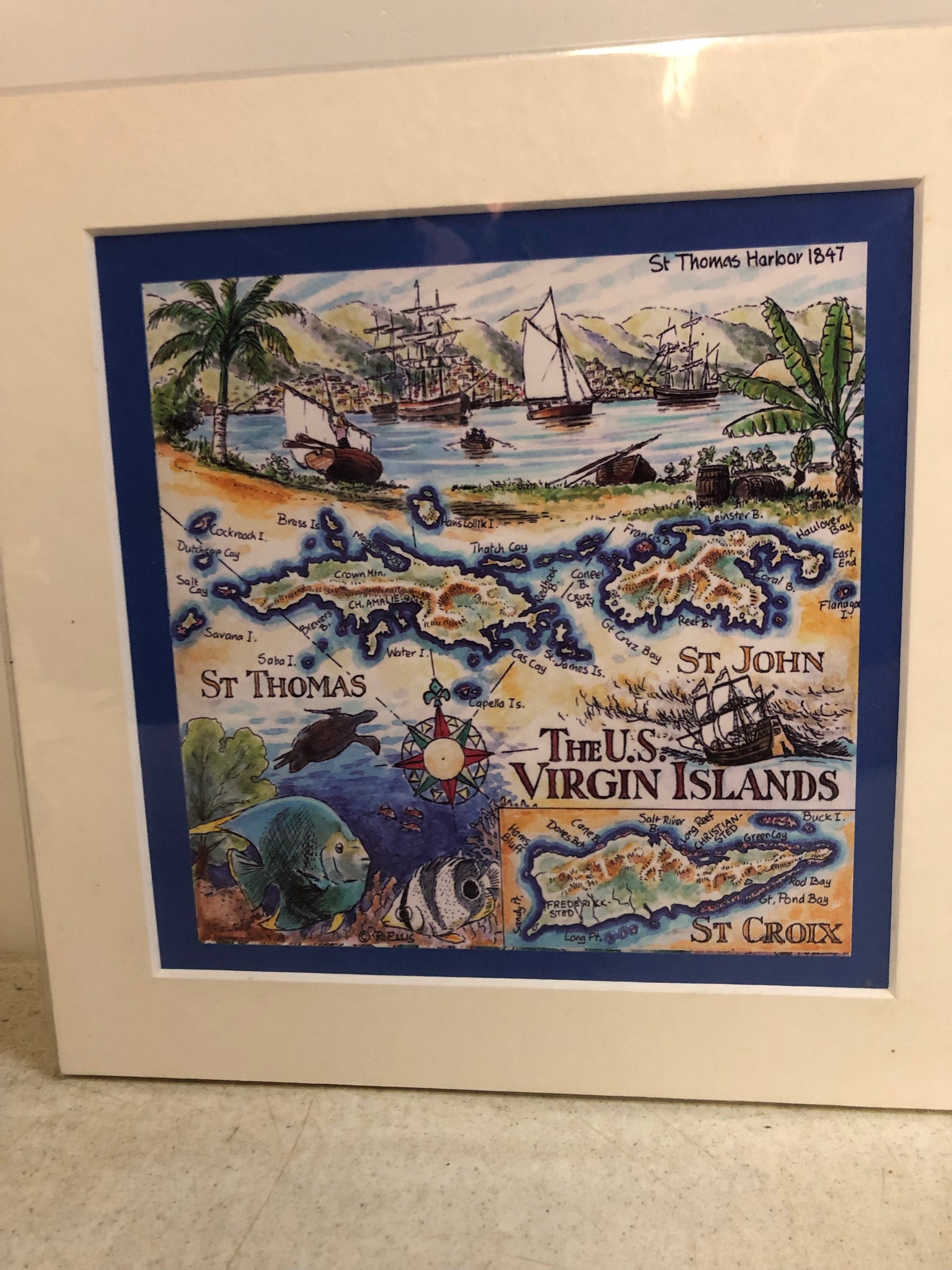 U.S. Virgin Islands Illustrated Map Matted Print 8'x8"