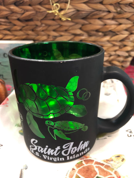 Black Mug with Mirrored Glass Green Turtles