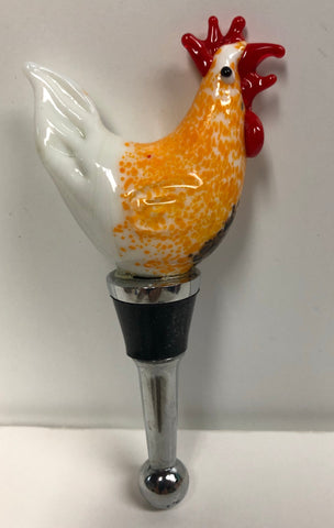 White and Orange Rooster Art Glass Winestopper